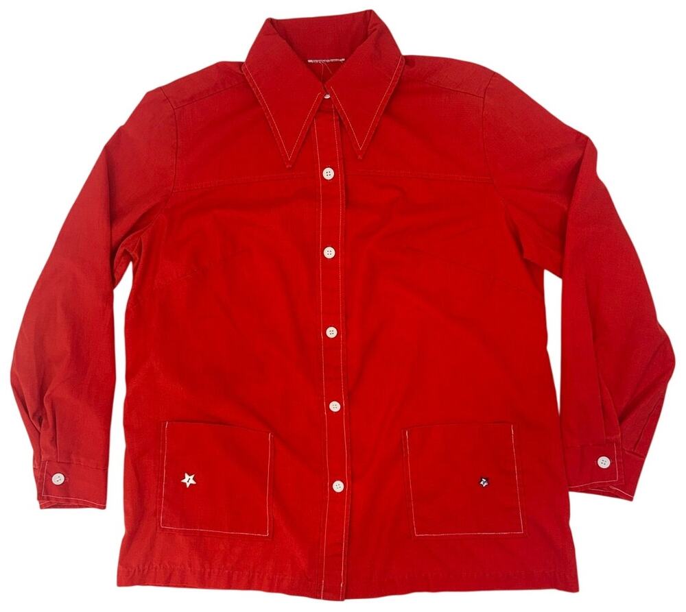 Vintage 70s Sears Red Smock Shirt Jacket Star Buttons Women's 42 Bust